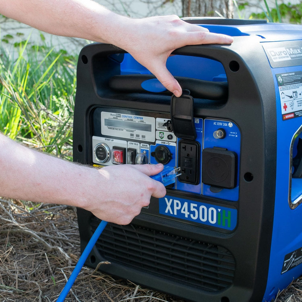 DuroMax XPX10100C Heavy Duty SJEOOW 100-Foot 10 Gauge Blue Triple Tap Extension Power Cord man plug it in