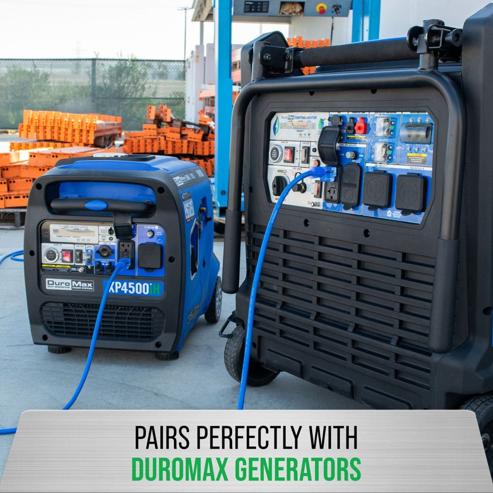 DuroMax XPX10100C Heavy Duty SJEOOW 100-Foot 10 Gauge Blue Triple Tap Extension Power Cord paired with generators