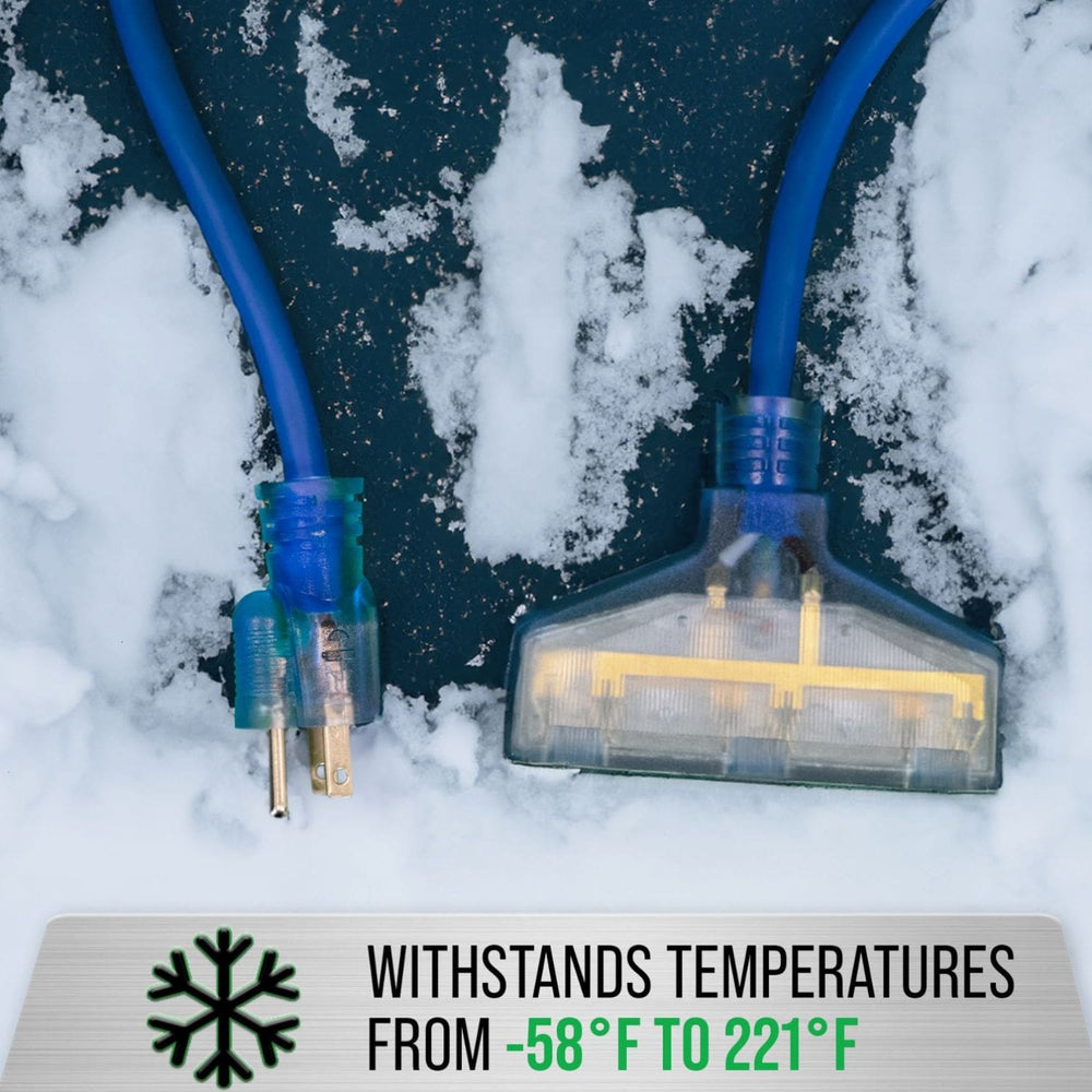 DuroMax XPX10100C Heavy Duty SJEOOW 100-Foot 10 Gauge Blue Triple Tap Extension Power Cord withstands temperatures
