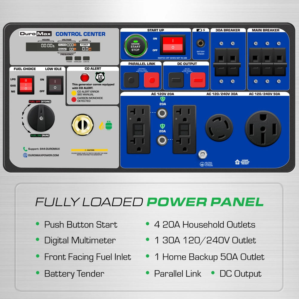DuroMax control center with power panel features on a gray background