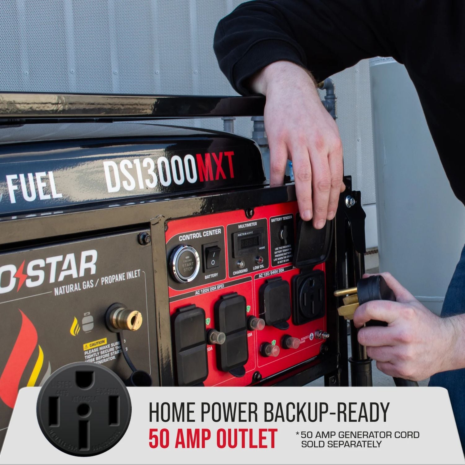 DuroStar DS13000MXT Tri-Fuel Generator with a hand connecting a power cord, set against a neutral background.