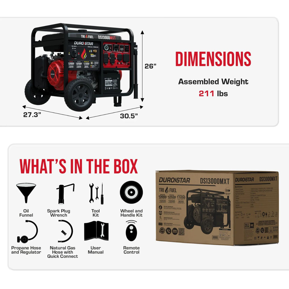 DuroStar DS13000MXT Tri-Fuel Generator with dimensions and box contents displayed on a white background