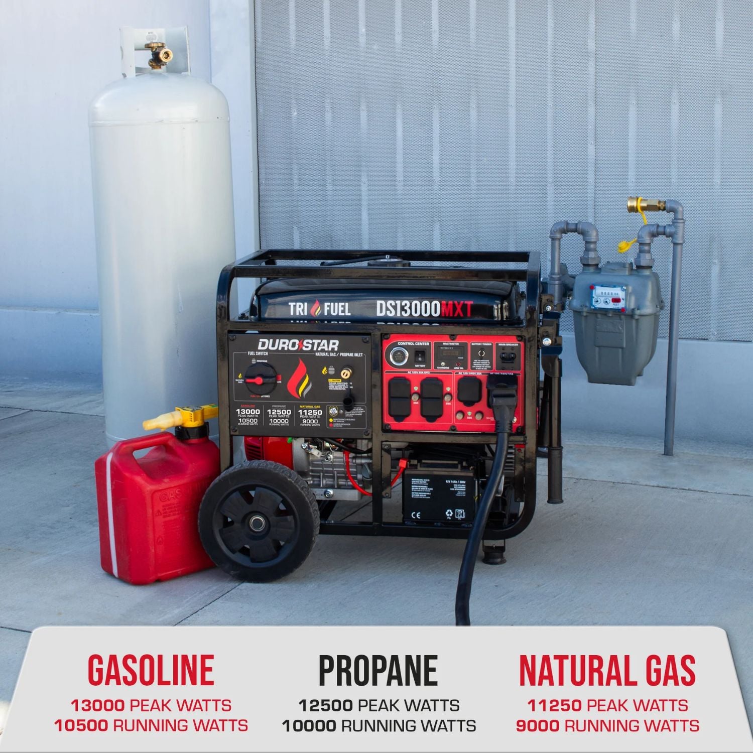 DuroStar DS13000MXT Tri-Fuel Generator with fuel tanks and natural gas connection on a concrete floor.