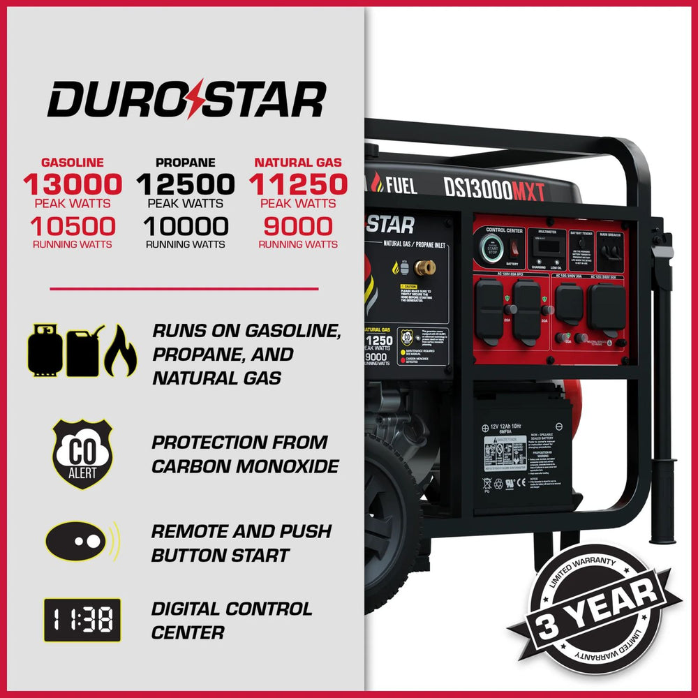 DuroStar DS13000MXT Tri-Fuel Generator with specifications on a white background