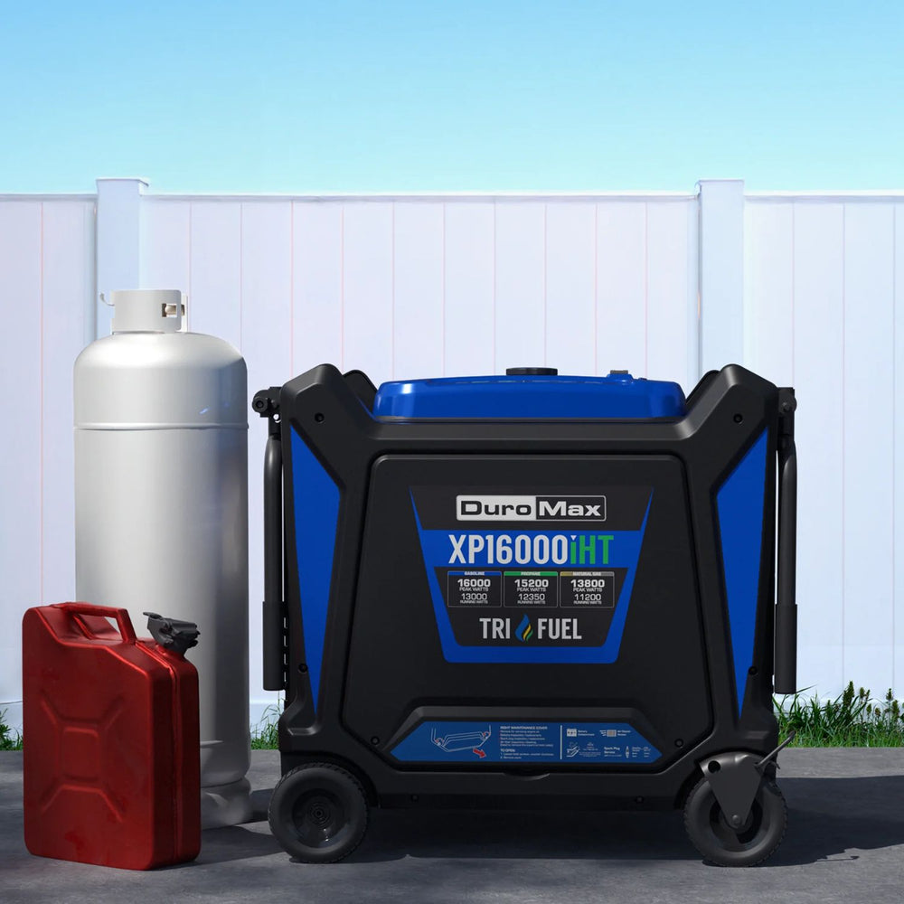 Duro Max XP16000HT tri-fuel generator with fuel canister and propane tank on a clear day.