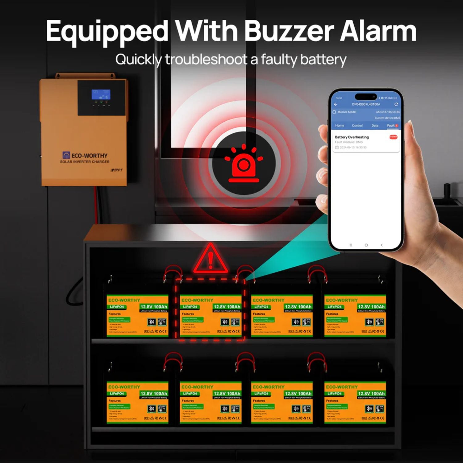 ECO-WORTHY 12V 100Ah Battery with a buzzer alarm and smartphone app interface on a dark background.