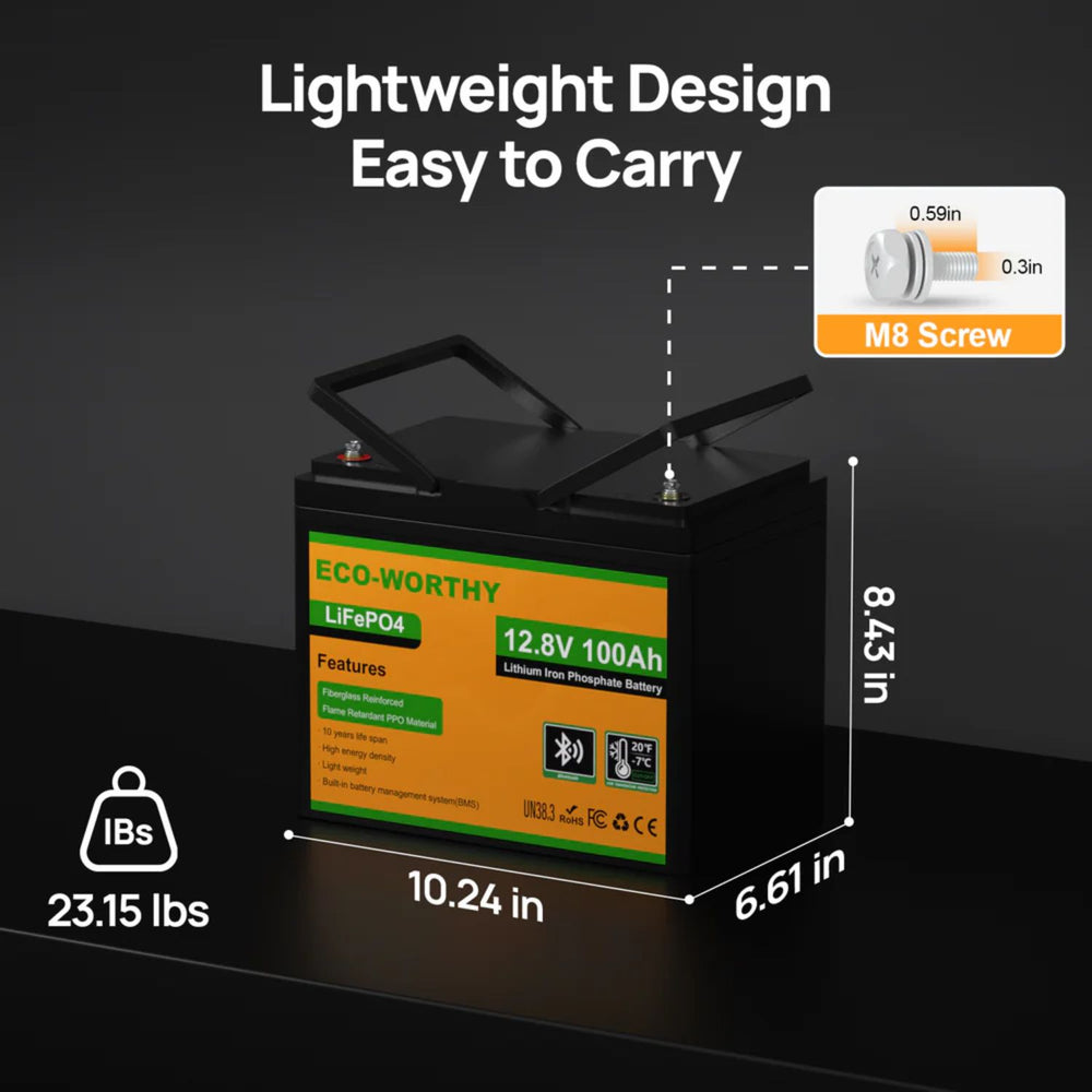 ECO-WORTHY 12V 100Ah Battery with dimensions and weight displayed on a dark background
