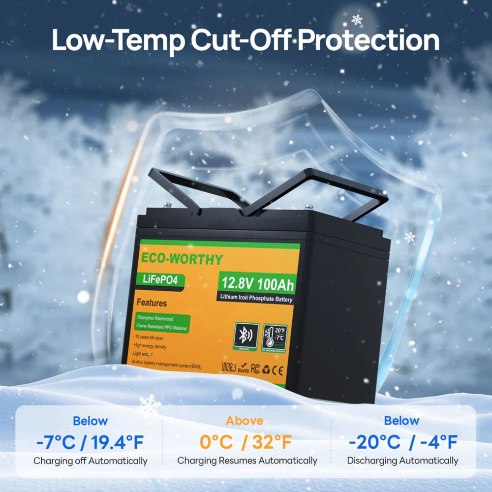 ECO-WORTHY 12V 100Ah Battery with low-temperature cut-off protection features against a snowy background.