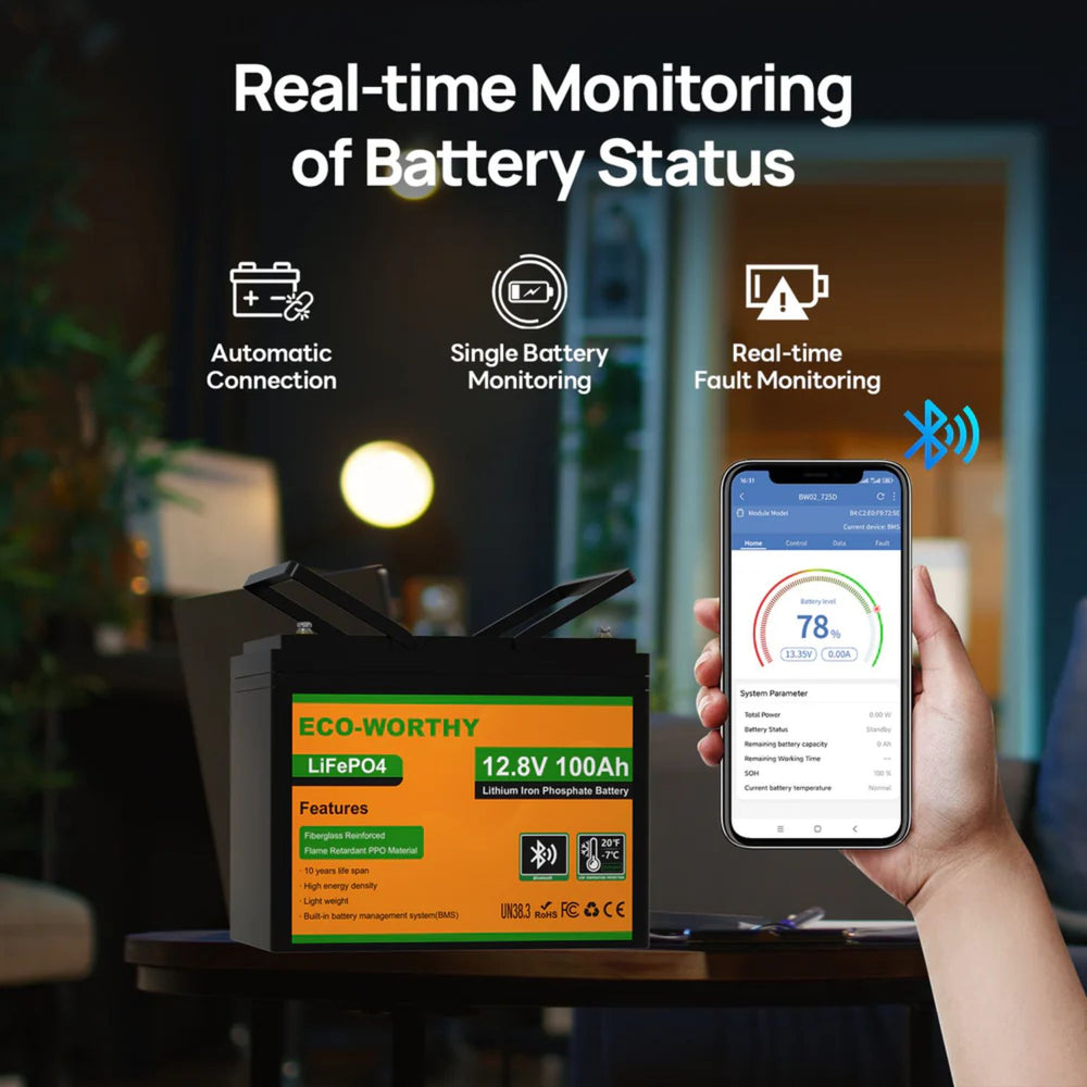 ECO-WORTHY 12V 100Ah Battery with smartphone displaying battery monitoring app in a home setting
