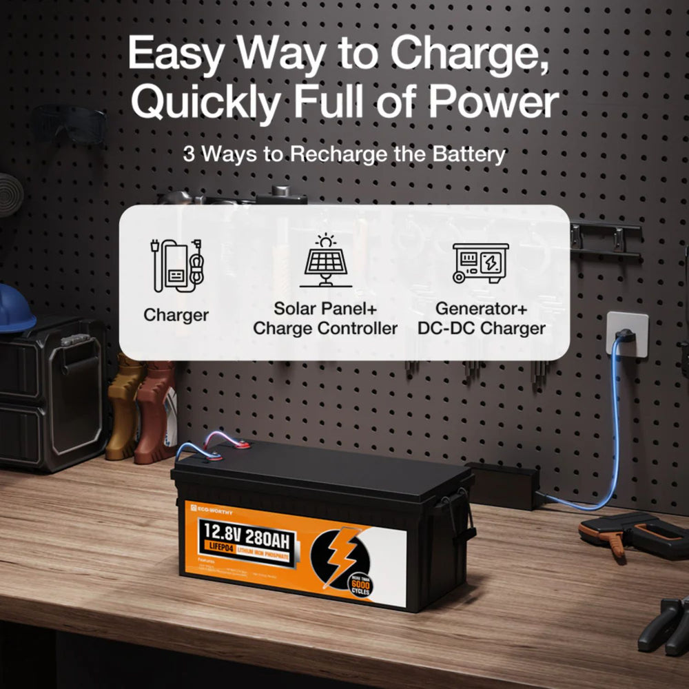 ECO-WORTHY LiFePO4 12V 280Ah Lithium Iron Phosphate Battery  with charging methods displayed on a pegboard background