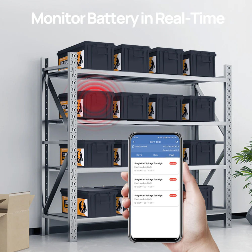 ECO-WORTHY LiFePO4 12V 280Ah Lithium Iron Phosphate Battery with labeled boxes and a hand holding a smartphone displaying battery monitoring app.