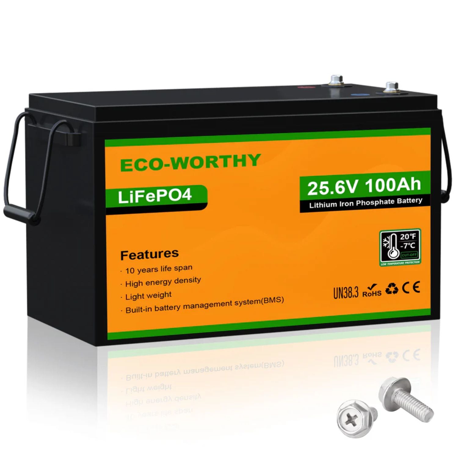 ECO-WORTHY lithium iron phosphate battery with specifications on an orange label