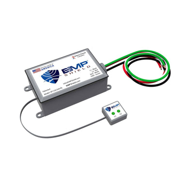 EMF Shield device with wiring on a white background