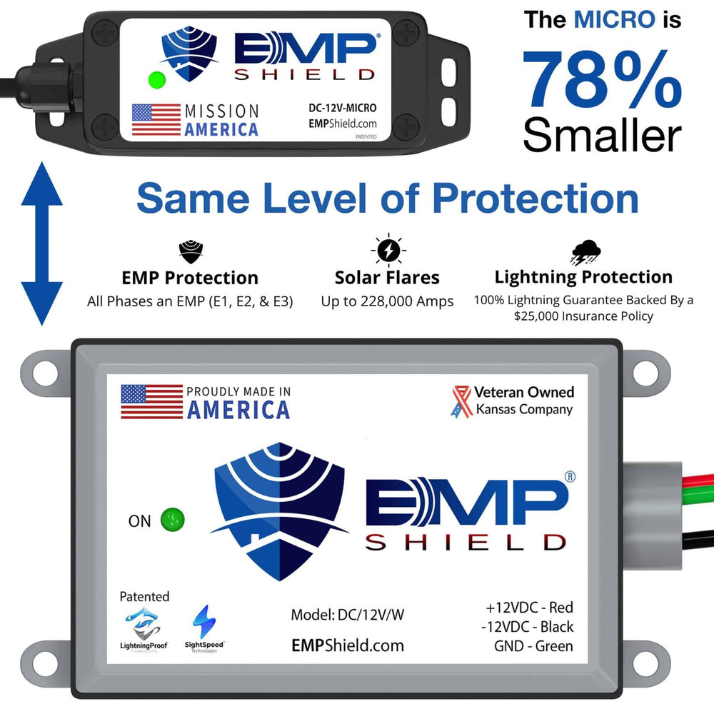 EMP Shield Micro – EMP & Lightning Protection for Vehicles (DC-12V-MICRO) Wired with branding and specifications on a white background