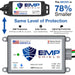EMP Shield Micro – EMP & Lightning Protection for Vehicles (DC-12V-MICRO) Wired with branding and specifications on a white background