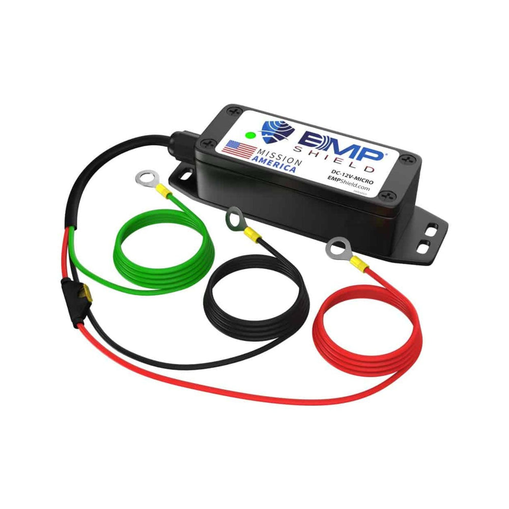 EMP Shield Micro – EMP & Lightning Protection for Vehicles (DC-12V-MICRO) Wired with branding and specifications on a white background  labeled 'Mission America' on a white background