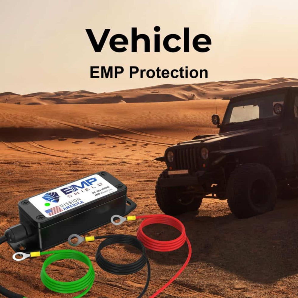 EMP Shield Micro – EMP & Lightning Protection for Vehicles (DC-12V-MICRO) Wired with cables on a desert background