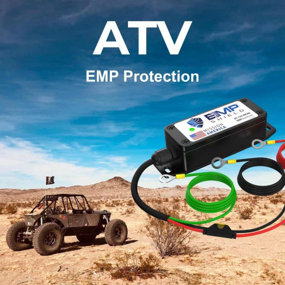 EMP Shield Micro – EMP & Lightning Protection for Vehicles (DC-12V-MICRO) Wired with desert landscape and vehicle in the background