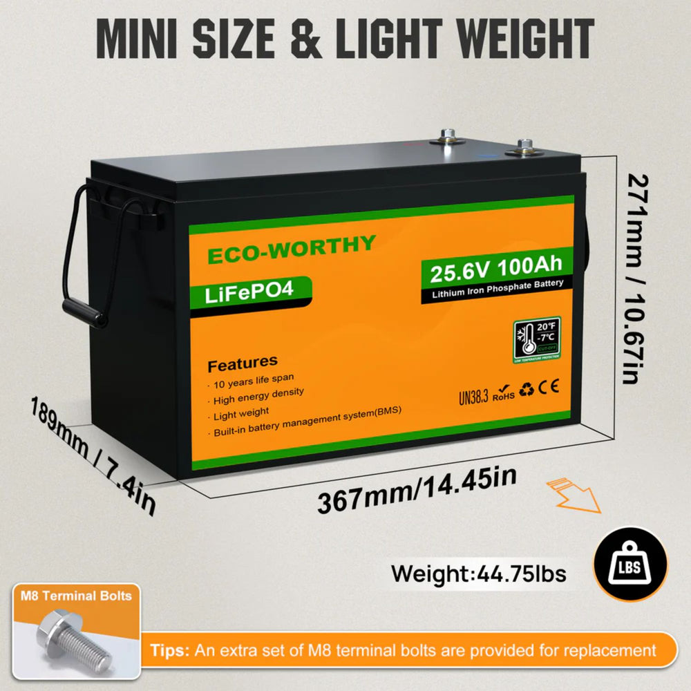 Eco-Worthy lithium iron phosphate battery with dimensions and features on a gray background