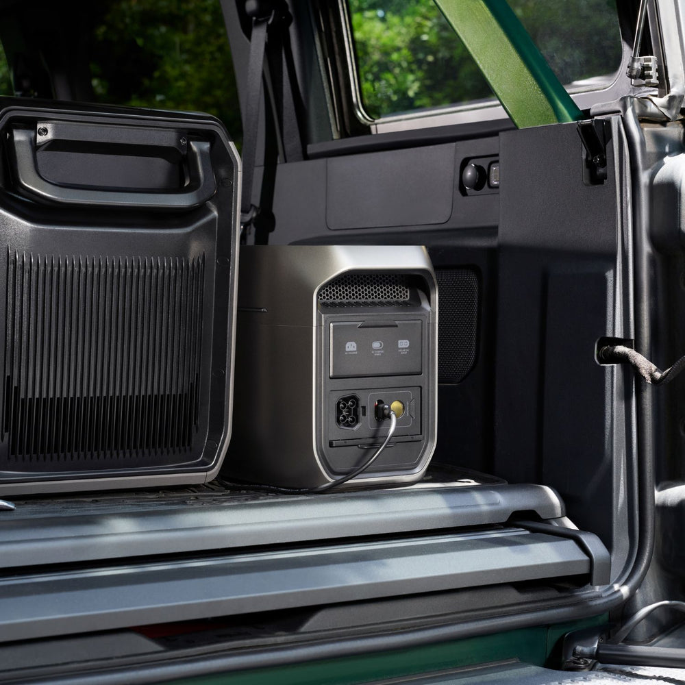 EcoFlow DELTA 3 Max Plus Portable Power Station inside a vehicle with visible charging ports.