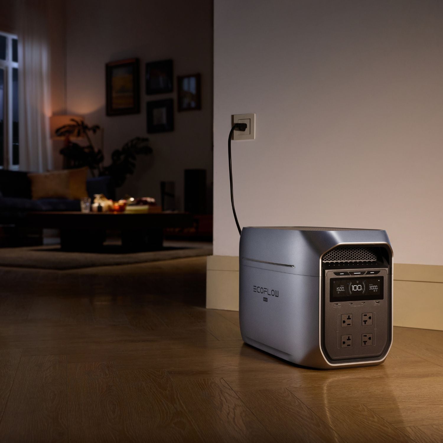 EcoFlow DELTA 3 Max Plus Portable Power Station on a wooden floor with a dimly lit room in the background