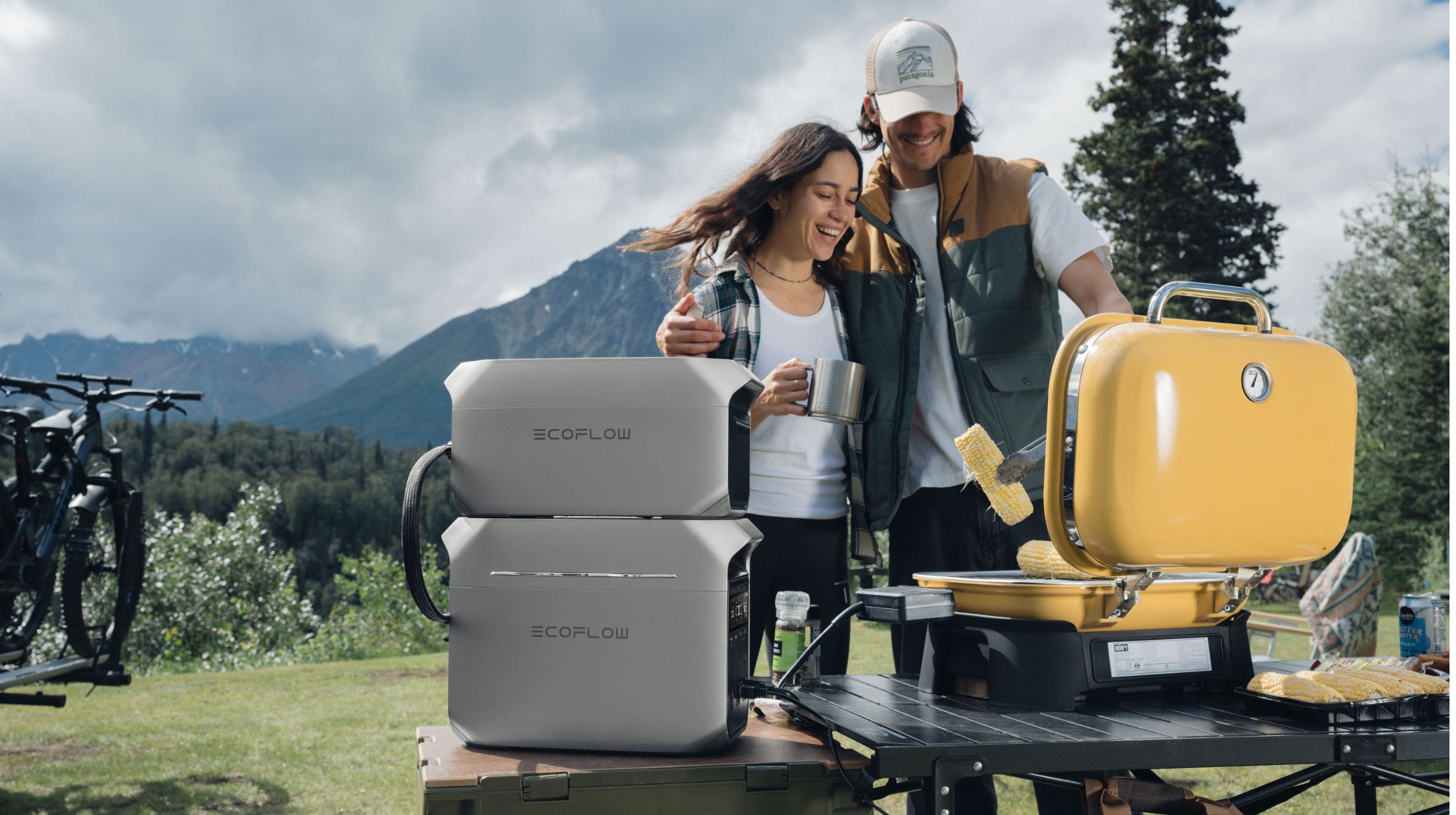 EcoFlow DELTA 3 Plus Portable Power Station beside Electric BBQ Grill with 2 persons