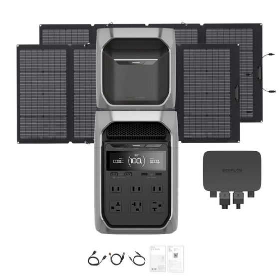 EcoFlow DELTA 3 Plus Portable Power Station with alternator charger, Extra battery and two 220W Bifacial Portable Solar Panel