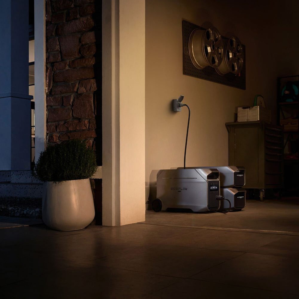 EcoFlow DELTA 3 Ultra Plus Portable Power Station charged in the garage with 2 extra battery