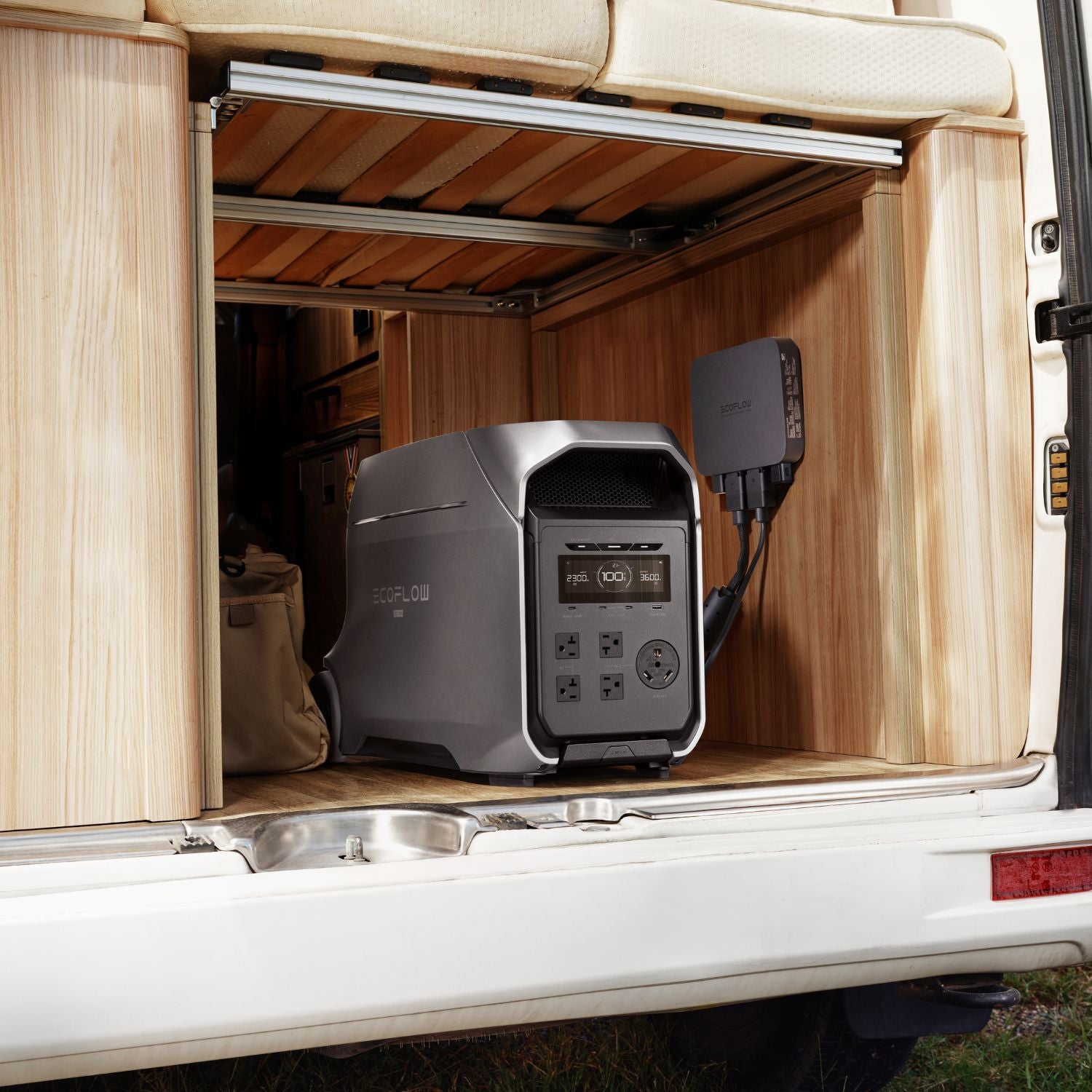 EcoFlow DELTA 3 Ultra Plus Portable Power Station inside a vehicle with wooden interior