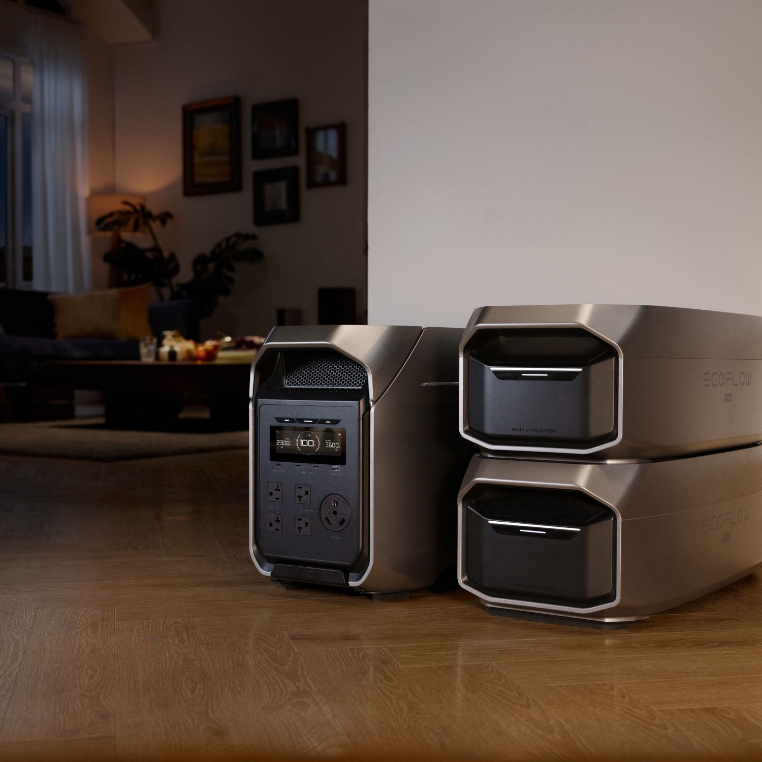 EcoFlow DELTA 3 Ultra Plus Portable Power Station on a wooden floor with a living room in the background
