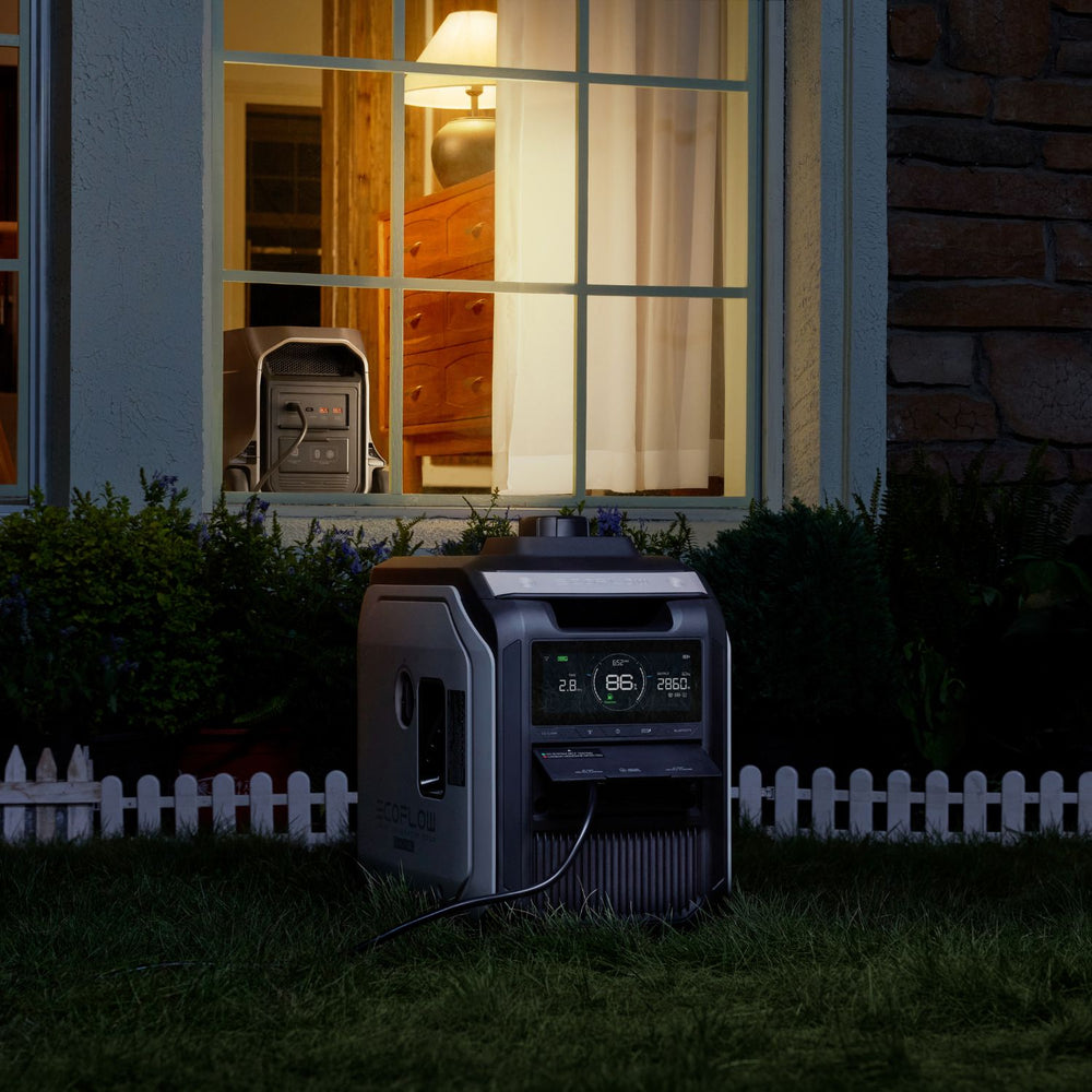 EcoFlow DELTA 3 Ultra Plus Portable Power Station outside a house at night