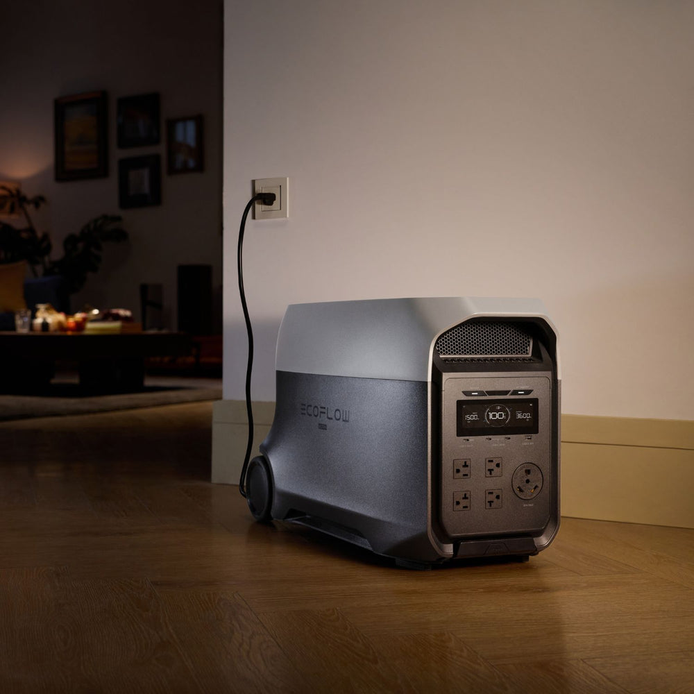 EcoFlow DELTA 3 Ultra Portable Power Station on a wooden floor with a dimly lit room in the background