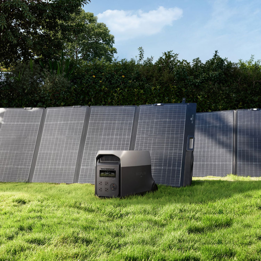 EcoFlow DELTA 3 Ultra Portable Power Station on grass with solar panels in the background