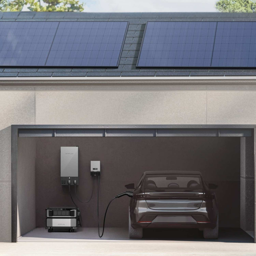 EcoFlow PowerPulse EV Charger In A Garage With Solar Panels On The Roof