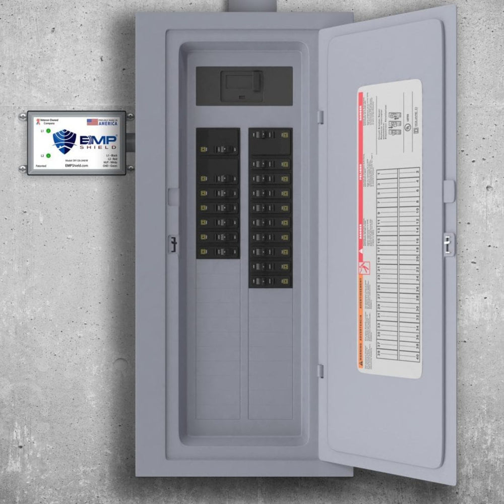 Electrical panel box with open cover on a concrete wall, with EMP Shield (SP-120-240-W)
