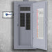 Electrical panel box with open cover on a concrete wall, with EMP Shield (SP-120-240-W)