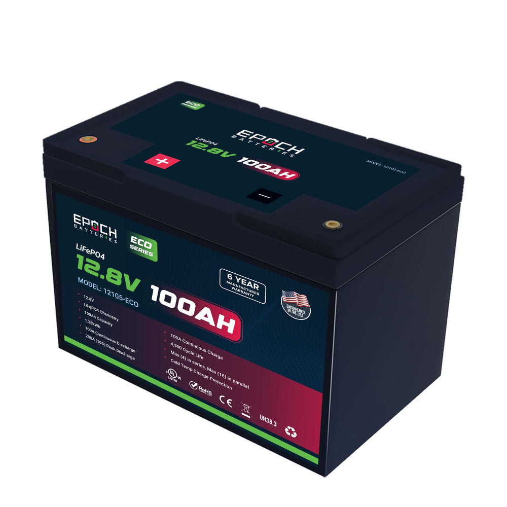 Epoch Batteries 12V 100Ah (1.28kWh) - Eco Series LiFePO4 Battery Left view
