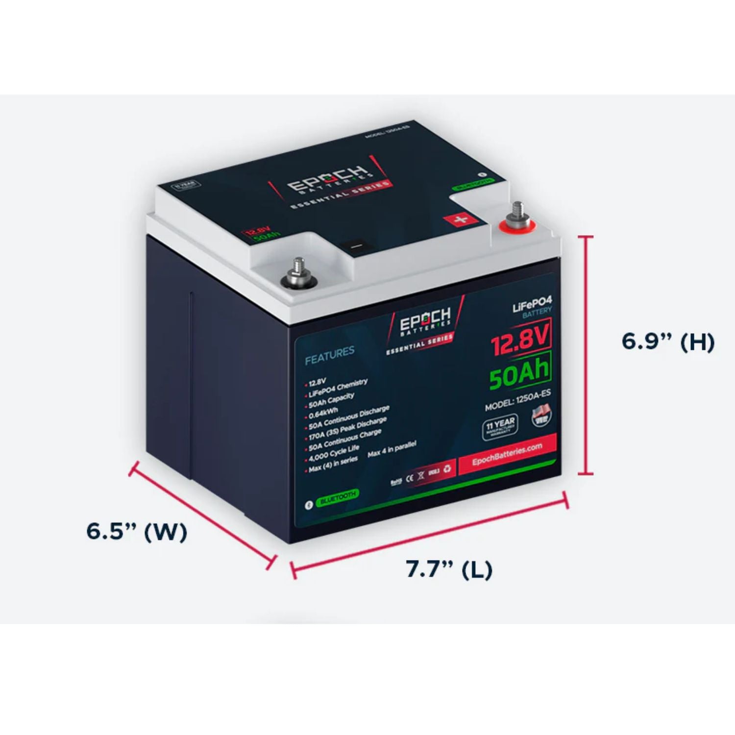 Epoch Batteries 12V 50Ah (0.64kWh) Essential Series dimensions