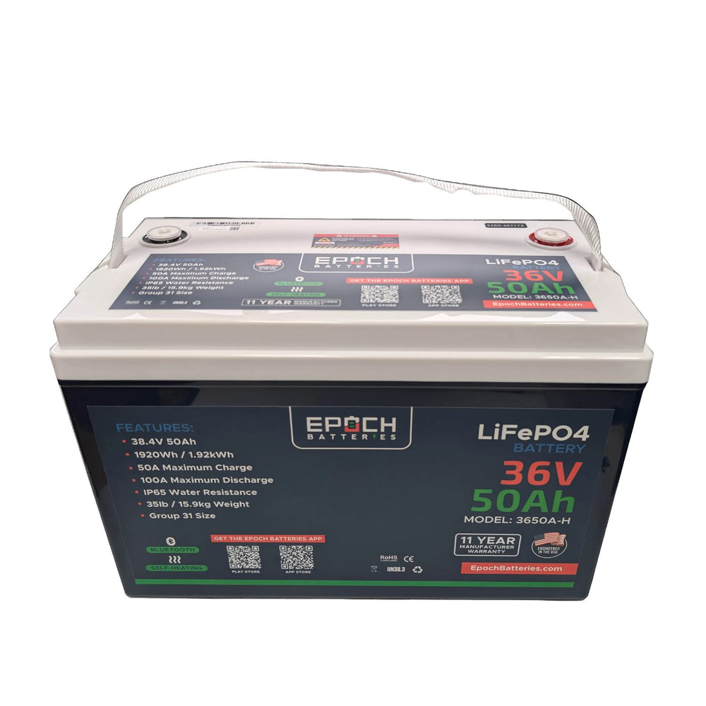 Epoch Batteries 36V 50Ah (1.92kWh) Essential Series front view showing its handle