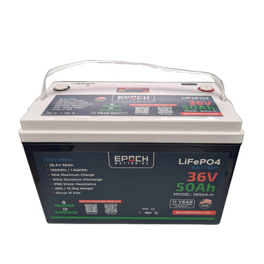 Epoch Batteries 36V 50Ah (1.92kWh) Essential Series front view showing its handle