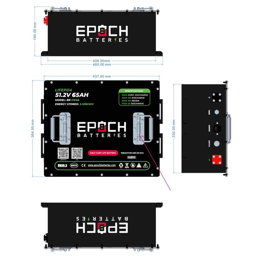 Epoch Batteries 48V 65Ah - LiMax Series - Lithium (LiFePO4) Golf Cart Battery - Complete Kit dimensions