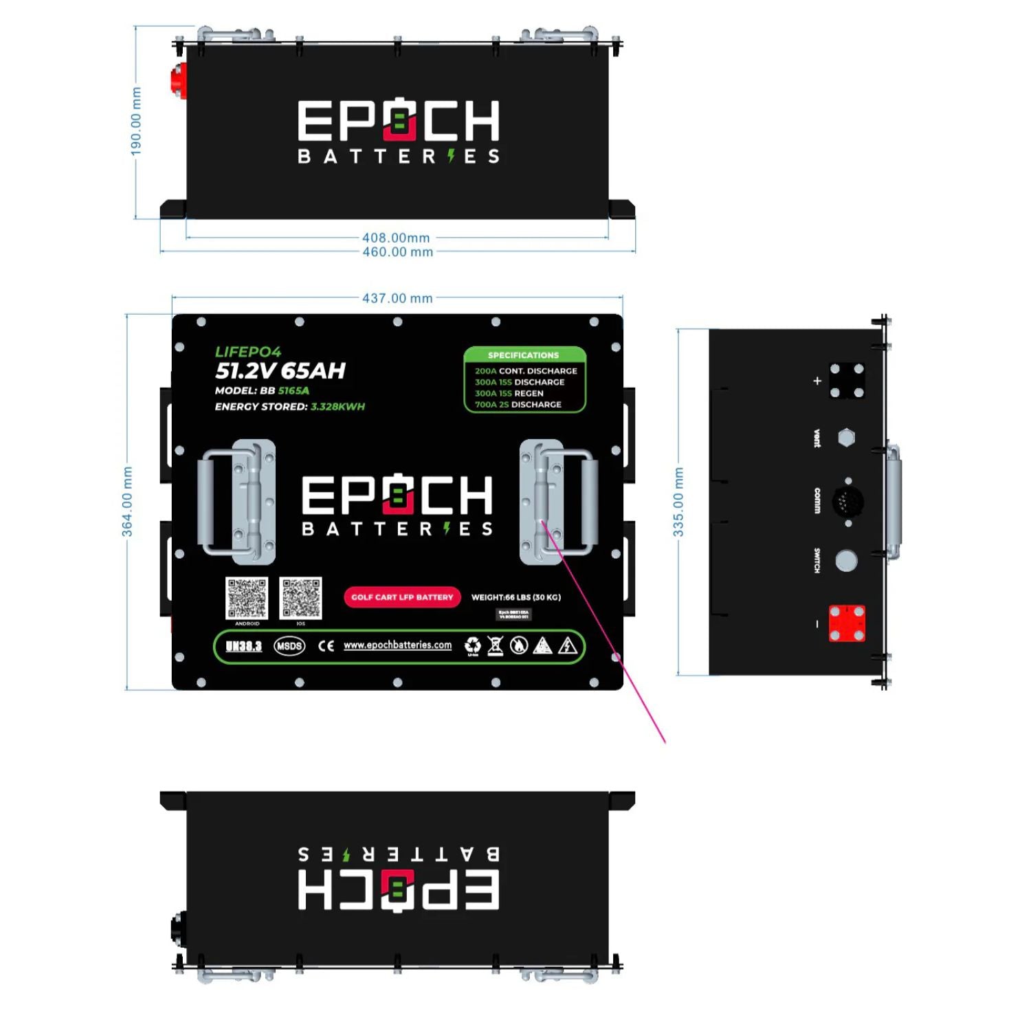 Epoch Batteries 48V 65Ah - LiMax Series - Lithium (LiFePO4) Golf Cart Battery - Complete Kit dimensions