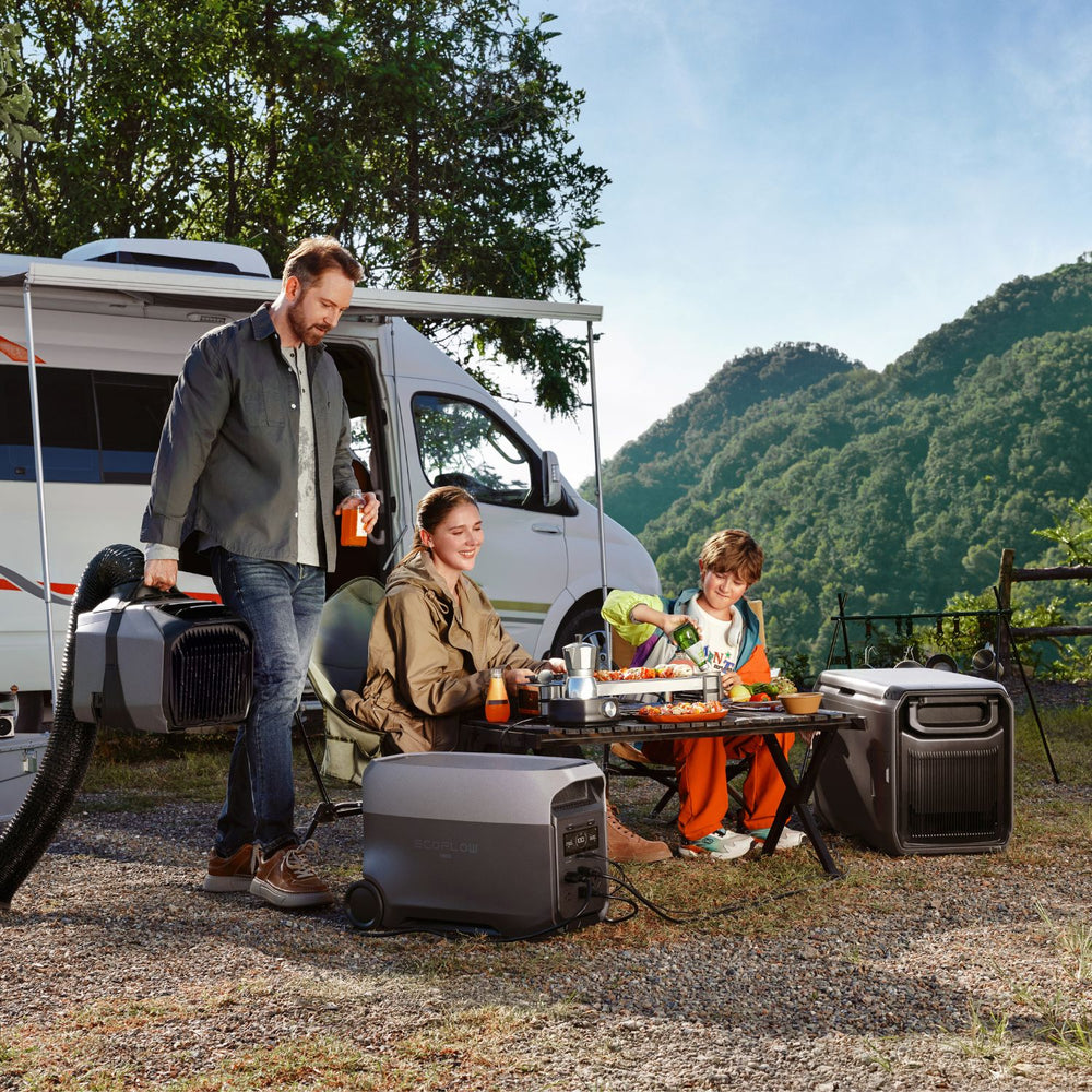 Family camping outdoors with a EcoFlow DELTA 3 Ultra Portable Power Station and van in the background