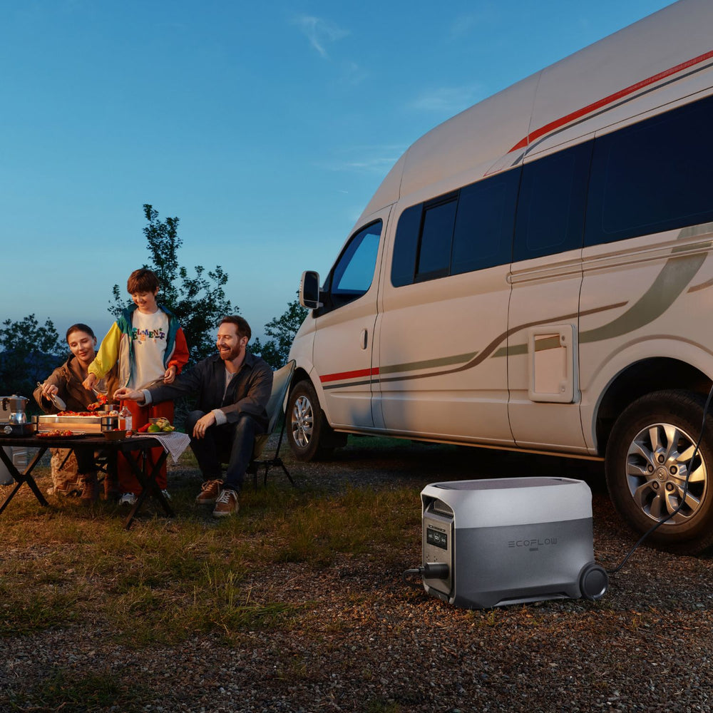 Family camping outdoors with a van and EcoFlow DELTA 3 Ultra Portable Power Station .
