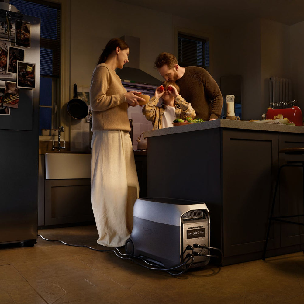 Family in a kitchen with a EcoFlow DELTA 3 Ultra Portable Power Station on the floor