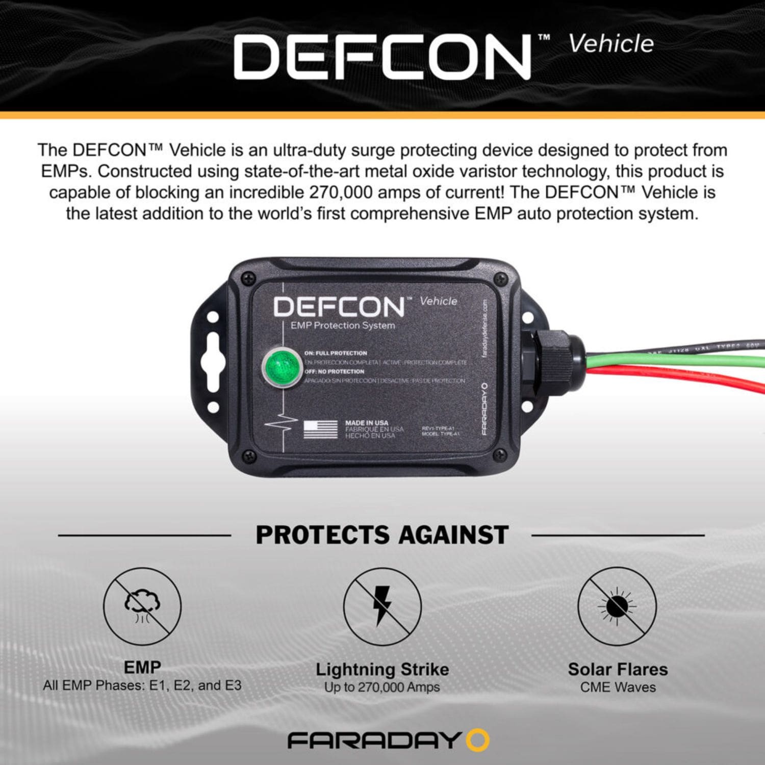 Faraday Defense DEFCON™ Vehicle Protection Protects Against EMP Strikes, Lightning Strikes, and Solar Flares