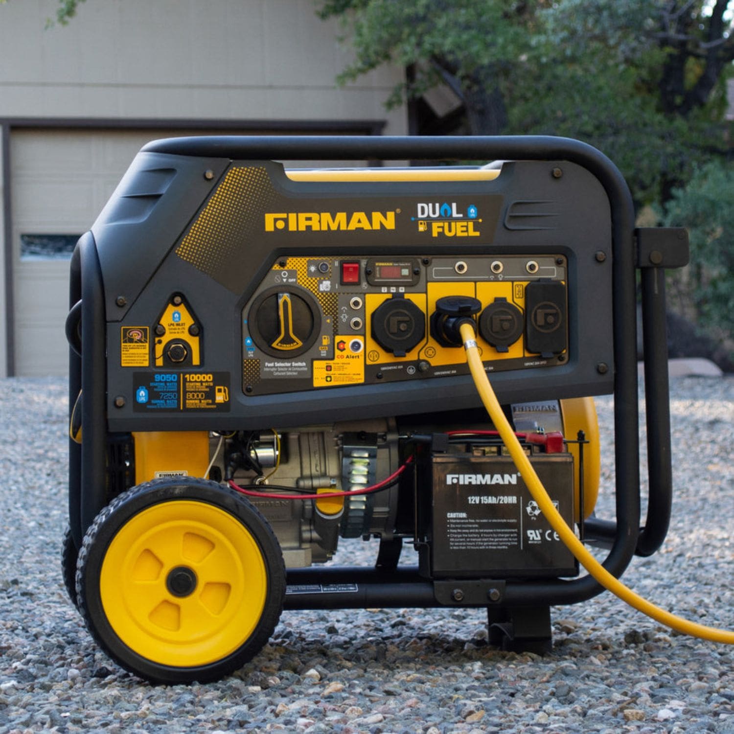 Firman H08052 Dual Fuel Portable Generator 10000W outdoors with power plug
