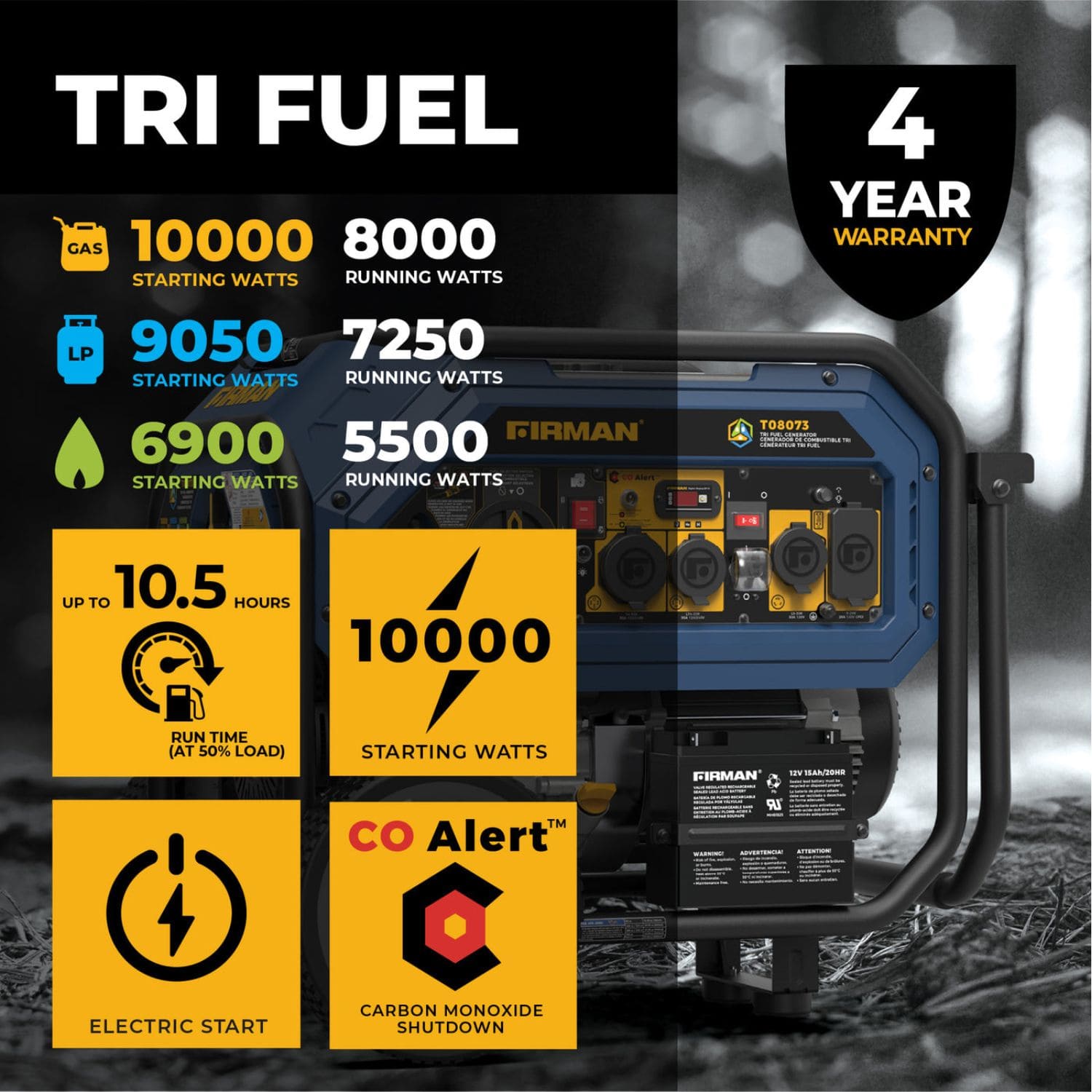 Firman T08073 Tri Fuel Portable Generator  4 Year Warranty