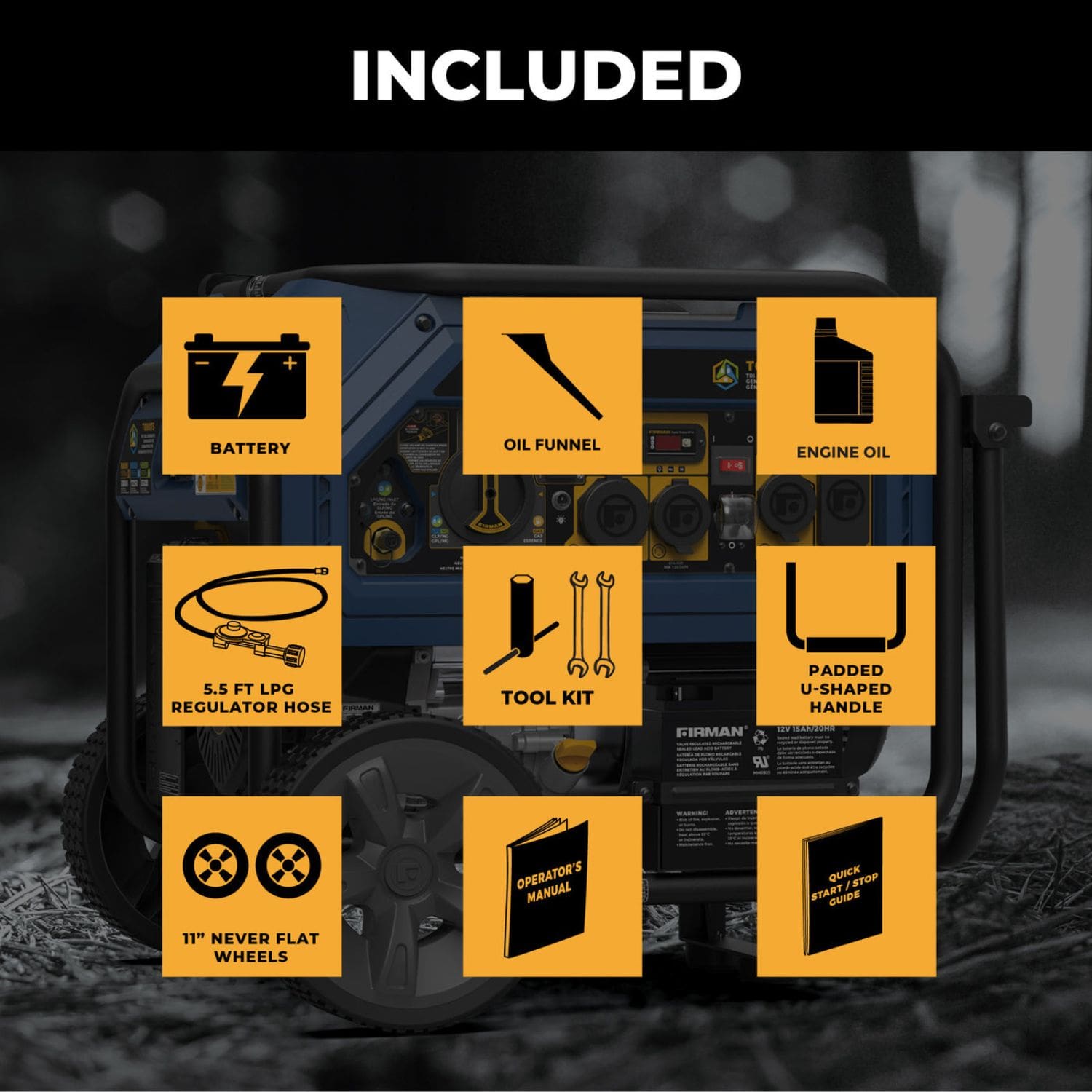 Firman T08073 Tri Fuel Portable Generator package includes