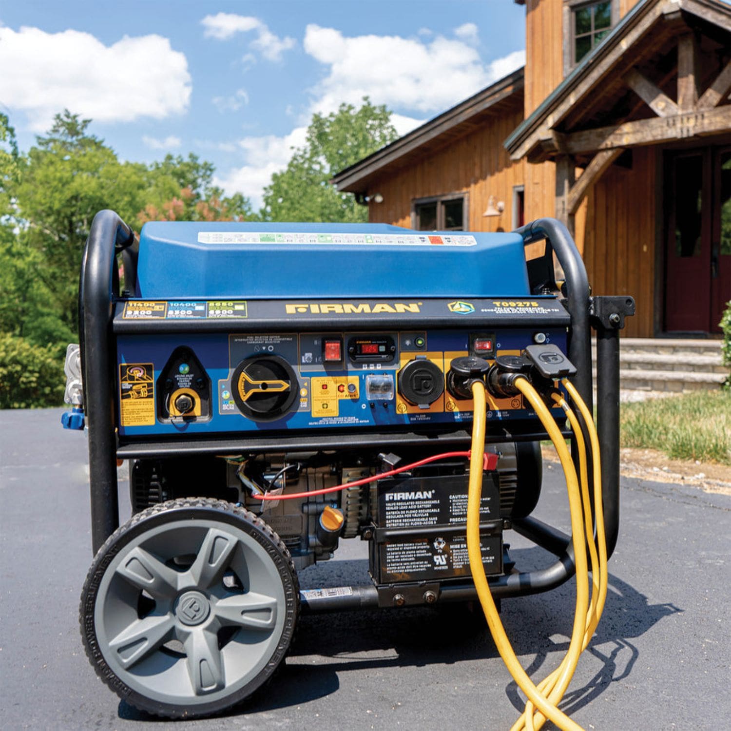 Firman T09275 Tri Fuel Portable Generator 11400W outside with all ports in use